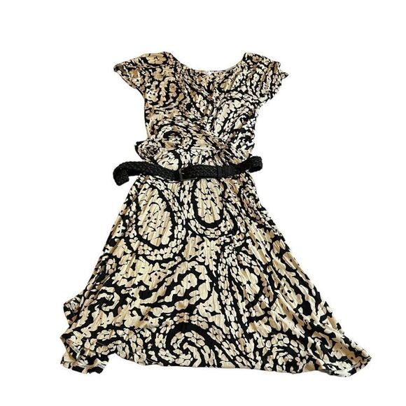 Max Mara Black And White Floral Paisley Dress With Belt Size 44” Full Midi